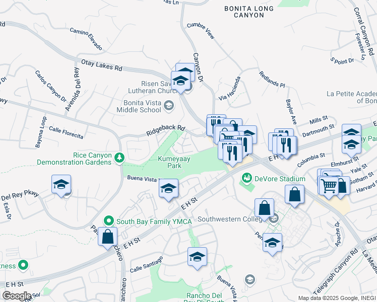 map of restaurants, bars, coffee shops, grocery stores, and more near 1404 Ridgeback Road in Chula Vista