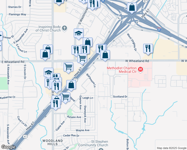 map of restaurants, bars, coffee shops, grocery stores, and more near 2700 Walker Way in DeSoto