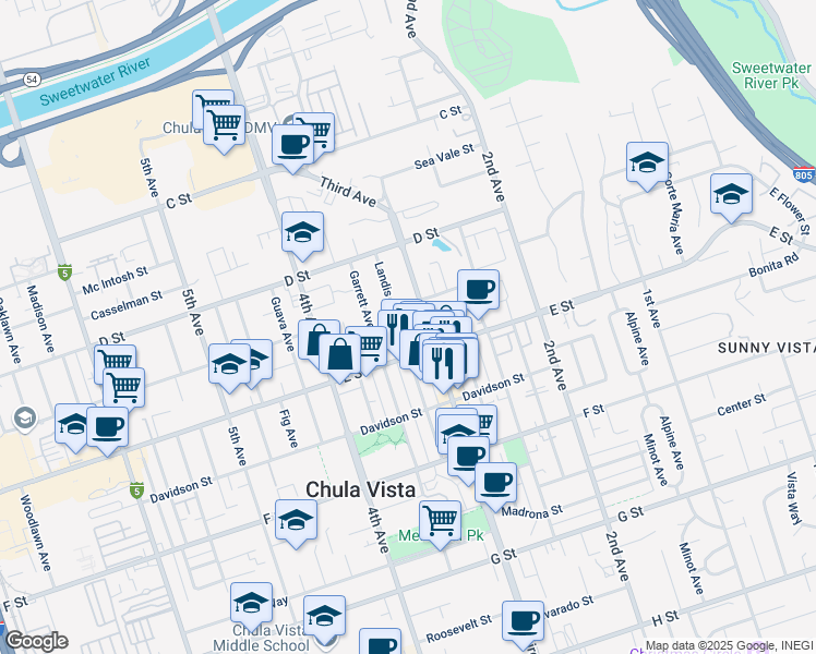 map of restaurants, bars, coffee shops, grocery stores, and more near 155 Landis Avenue in Chula Vista