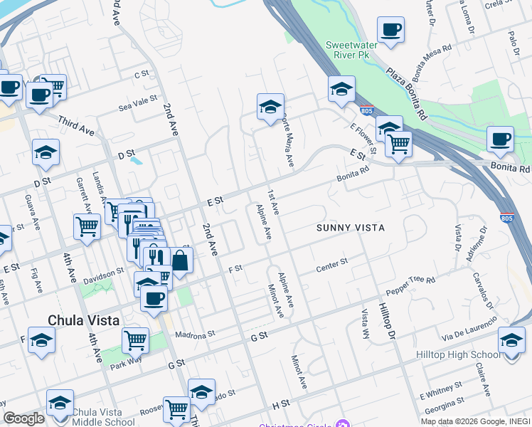 map of restaurants, bars, coffee shops, grocery stores, and more near 239 Alpine Avenue in Chula Vista