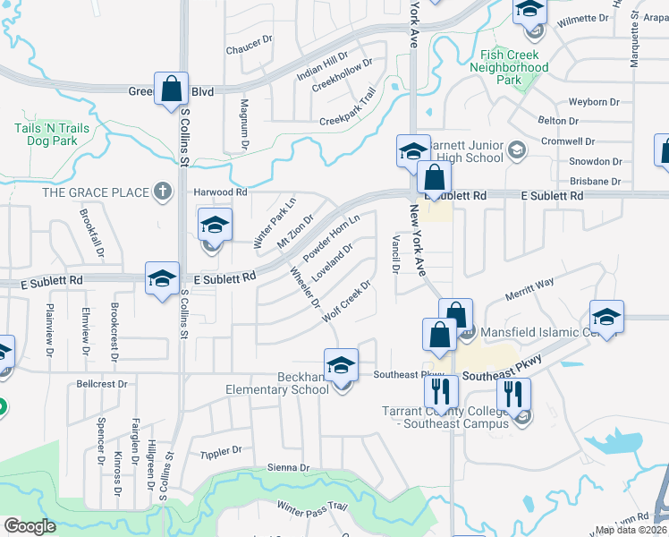 map of restaurants, bars, coffee shops, grocery stores, and more near 1614 Powder Horn Lane in Arlington