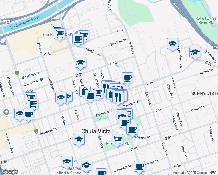 map of restaurants, bars, coffee shops, grocery stores, and more near 155 Landis Avenue in Chula Vista