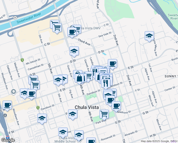 map of restaurants, bars, coffee shops, grocery stores, and more near 147 Garrett Avenue in Chula Vista