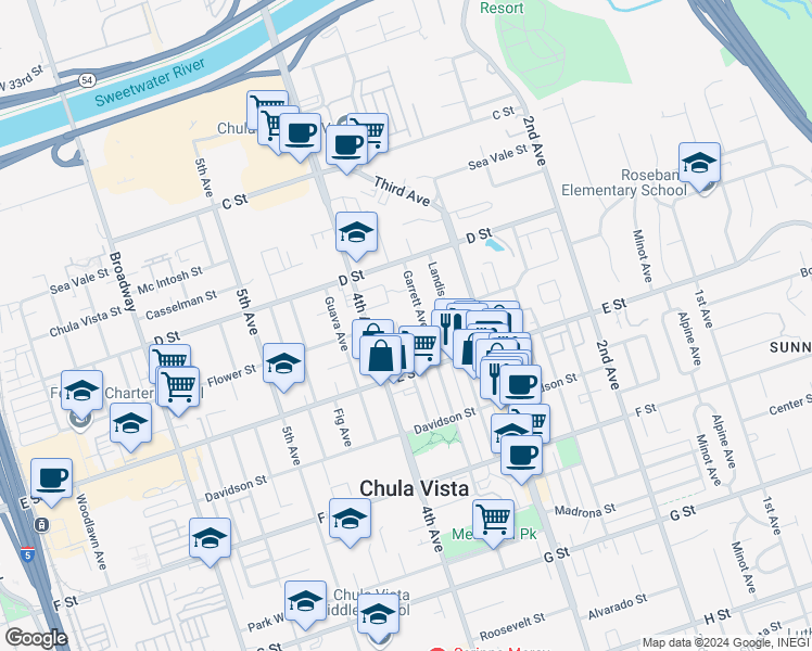 map of restaurants, bars, coffee shops, grocery stores, and more near 147 Garrett Avenue in Chula Vista