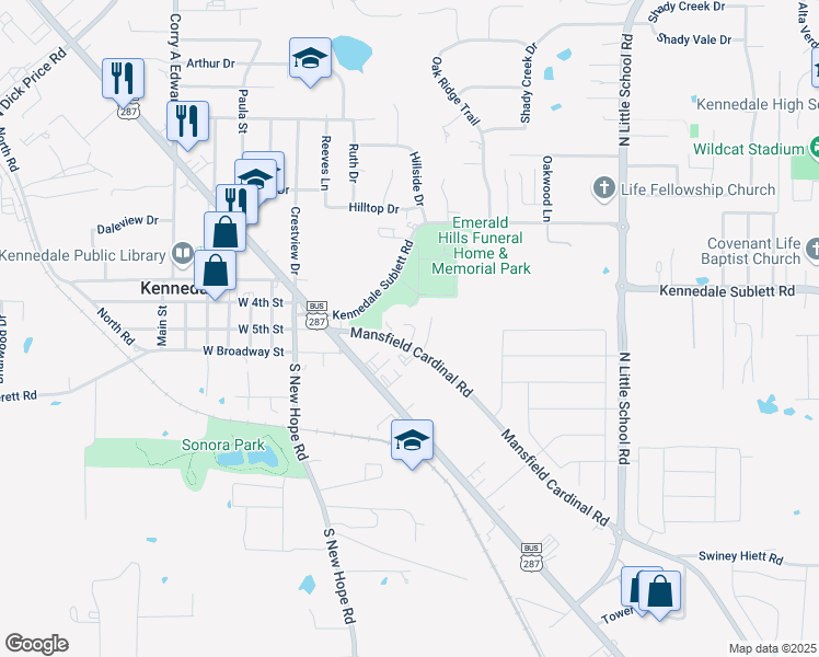 map of restaurants, bars, coffee shops, grocery stores, and more near 330 Kennedale Sublett Road in Kennedale