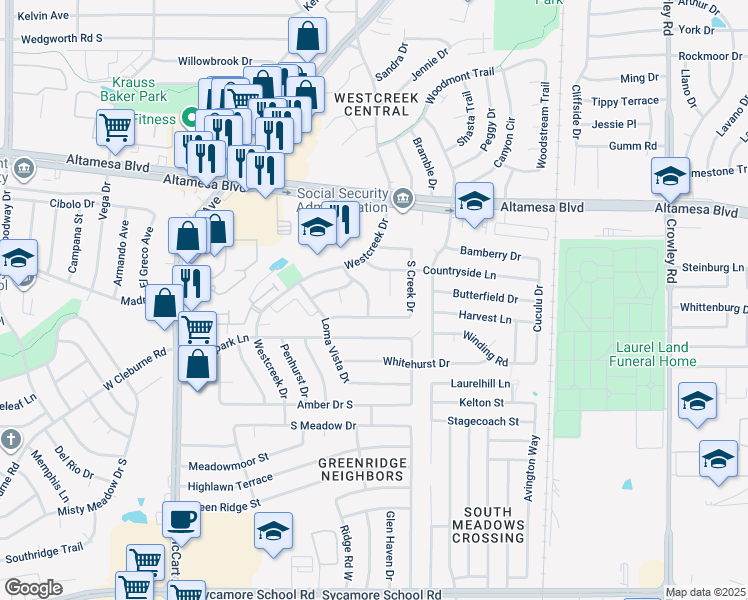 map of restaurants, bars, coffee shops, grocery stores, and more near 6710 Crestmont Court in Fort Worth