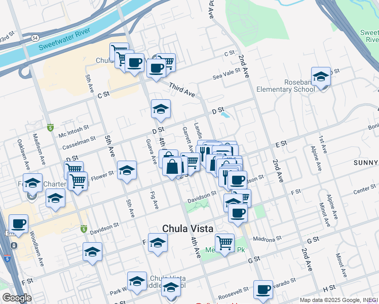 map of restaurants, bars, coffee shops, grocery stores, and more near 160 Garrett Avenue in Chula Vista