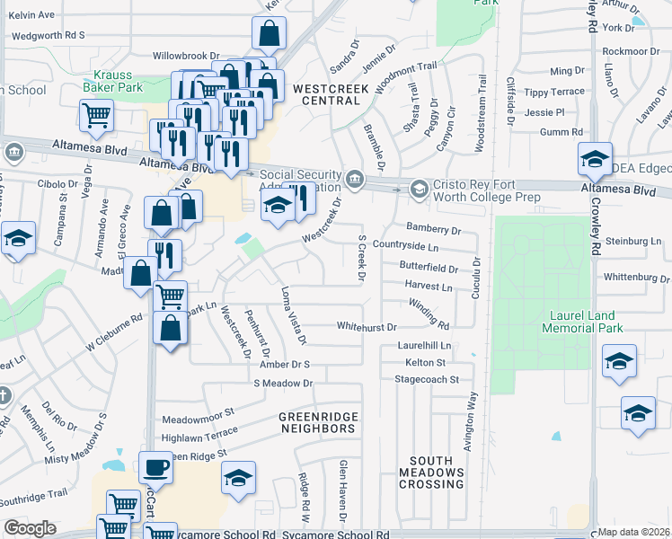 map of restaurants, bars, coffee shops, grocery stores, and more near 6710 Crestmont Court in Fort Worth