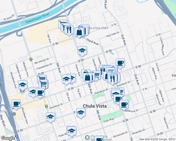 map of restaurants, bars, coffee shops, grocery stores, and more near 135 4th Avenue in Chula Vista