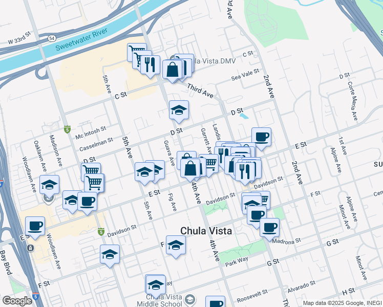 map of restaurants, bars, coffee shops, grocery stores, and more near in Chula Vista