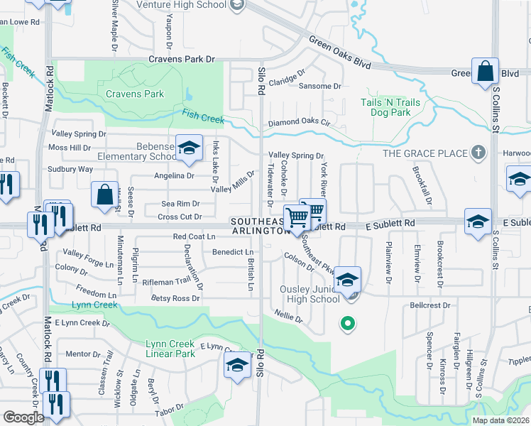 map of restaurants, bars, coffee shops, grocery stores, and more near 6109 Bay Hill Drive in Arlington