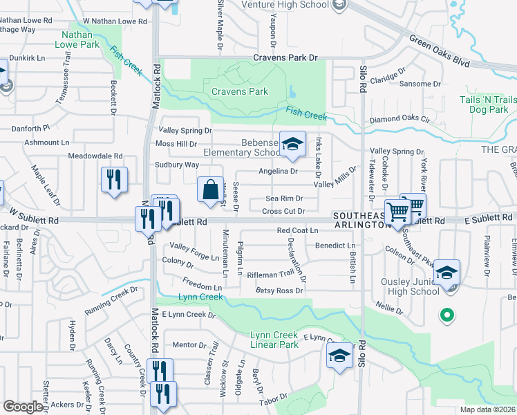 map of restaurants, bars, coffee shops, grocery stores, and more near 405 Cross Cut Drive in Arlington