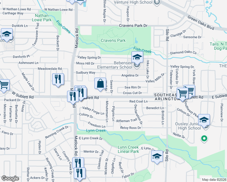 map of restaurants, bars, coffee shops, grocery stores, and more near 6109 Seese Drive in Arlington