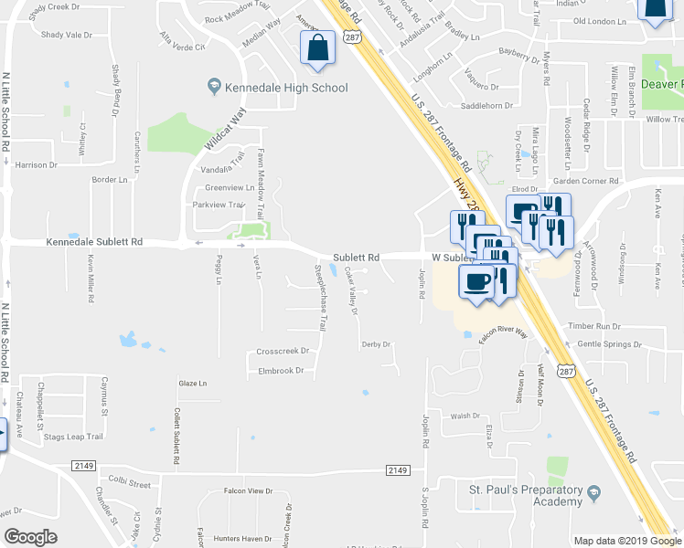 map of restaurants, bars, coffee shops, grocery stores, and more near 513 Coker Valley Drive in Kennedale