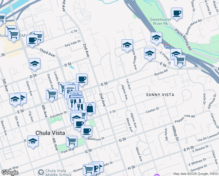map of restaurants, bars, coffee shops, grocery stores, and more near 83-2 I Street in Chula Vista