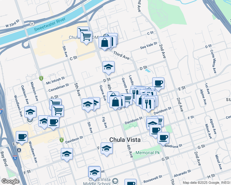 map of restaurants, bars, coffee shops, grocery stores, and more near 151 4th Avenue in Chula Vista