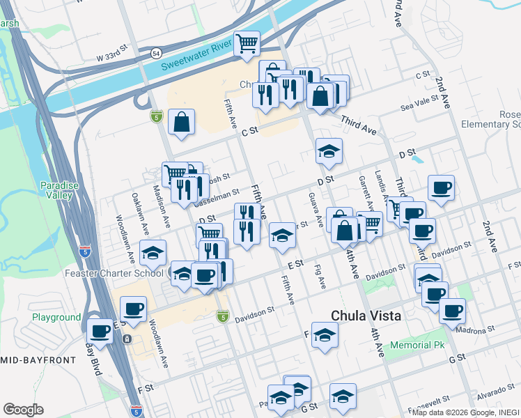 map of restaurants, bars, coffee shops, grocery stores, and more near 482 D Street in Chula Vista