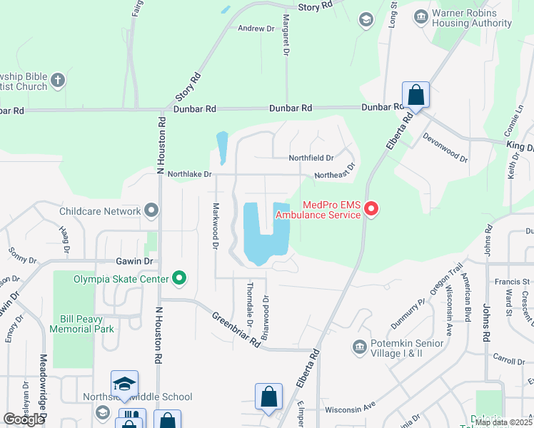 map of restaurants, bars, coffee shops, grocery stores, and more near 310 Northlake Drive in Warner Robins