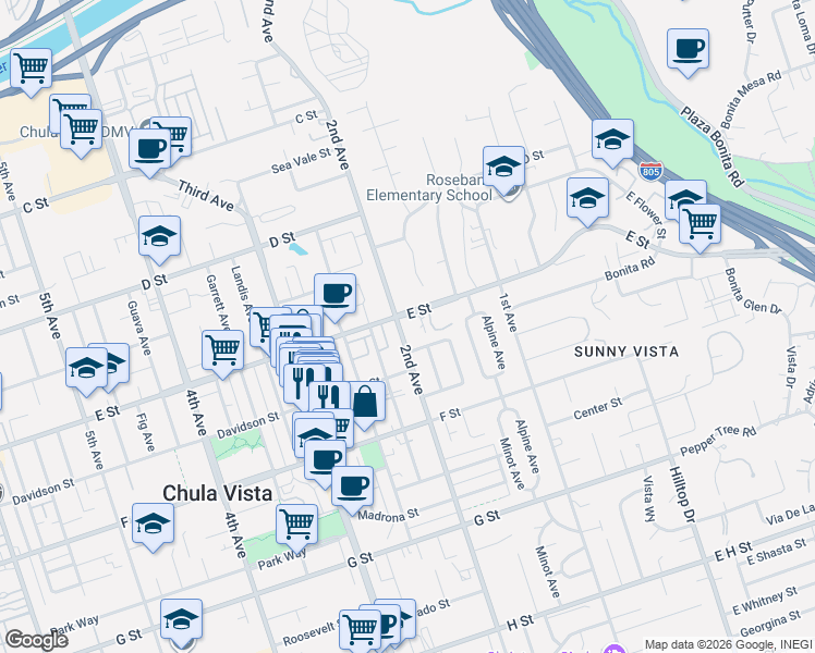 map of restaurants, bars, coffee shops, grocery stores, and more near 186 County Highway S17 in Chula Vista