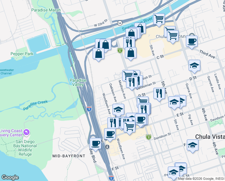 map of restaurants, bars, coffee shops, grocery stores, and more near 46 Madison Avenue in Chula Vista