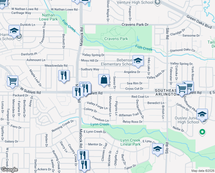 map of restaurants, bars, coffee shops, grocery stores, and more near 6110 Wall Street in Arlington