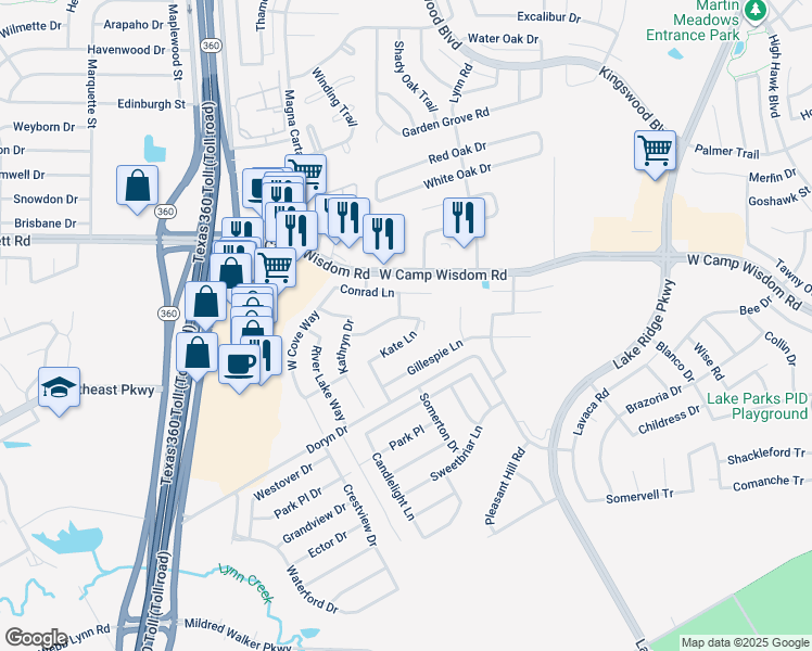 map of restaurants, bars, coffee shops, grocery stores, and more near 2831 Andrews Drive in Grand Prairie