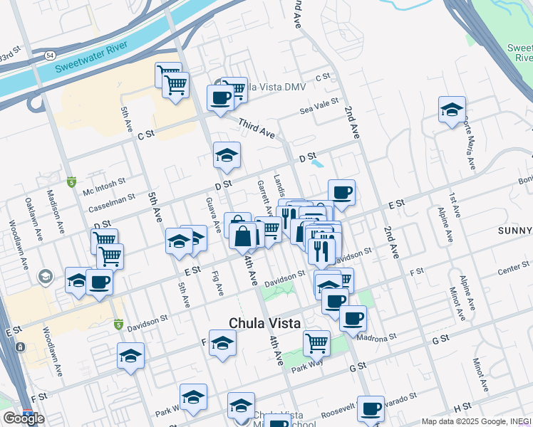 map of restaurants, bars, coffee shops, grocery stores, and more near 156 Garrett Avenue in Chula Vista