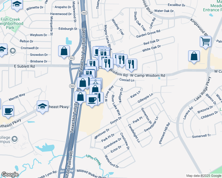 map of restaurants, bars, coffee shops, grocery stores, and more near 2883 Jerett Drive in Grand Prairie