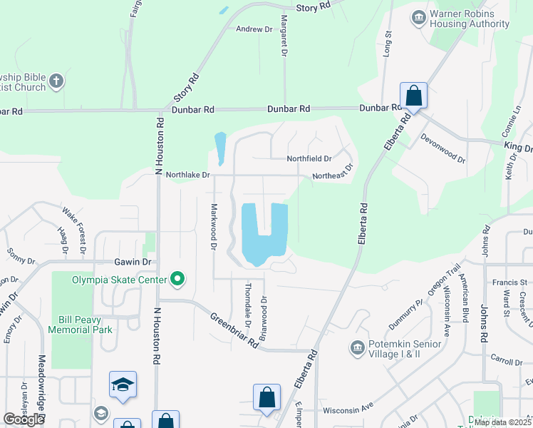 map of restaurants, bars, coffee shops, grocery stores, and more near 310 Northlake Drive in Warner Robins