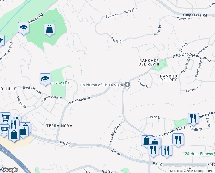 map of restaurants, bars, coffee shops, grocery stores, and more near 719 Terra Nova Drive in Chula Vista