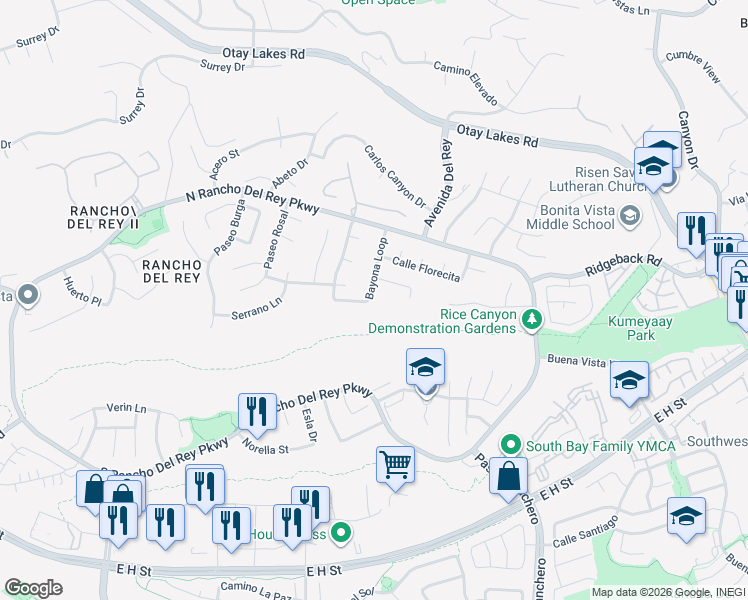 map of restaurants, bars, coffee shops, grocery stores, and more near 552 Bayona Loop in Chula Vista