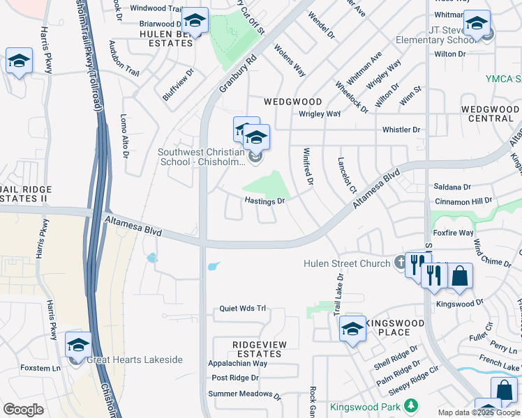 map of restaurants, bars, coffee shops, grocery stores, and more near 5201 Hastings Drive in Fort Worth