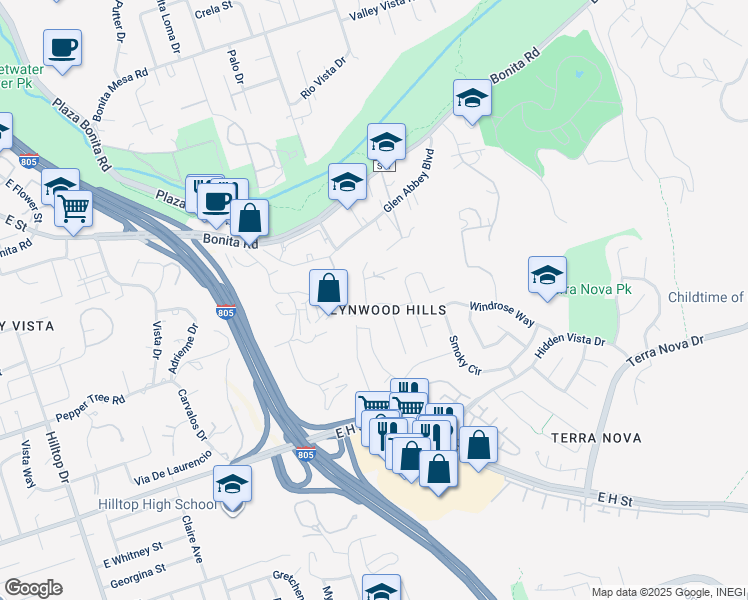map of restaurants, bars, coffee shops, grocery stores, and more near 3253 Holly Way in Chula Vista