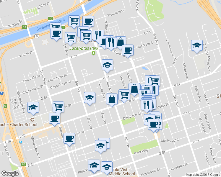 map of restaurants, bars, coffee shops, grocery stores, and more near 135 4th Avenue in Chula Vista