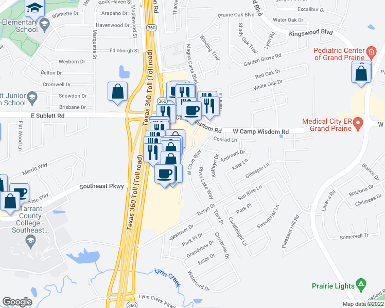 map of restaurants, bars, coffee shops, grocery stores, and more near 5210 South State Highway 360 in Grand Prairie
