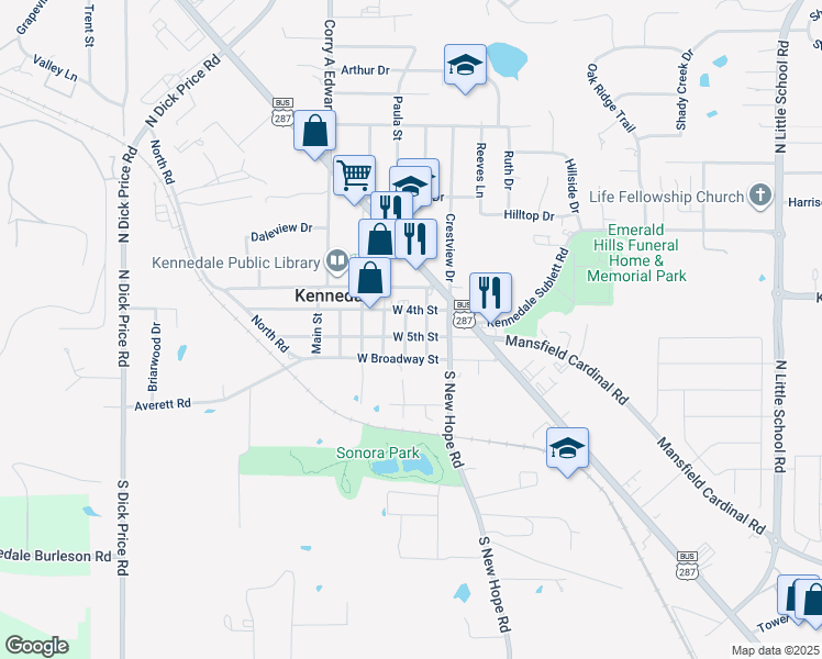 map of restaurants, bars, coffee shops, grocery stores, and more near 108 West 4th Street in Kennedale