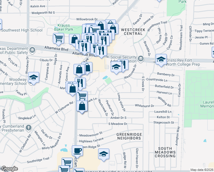 map of restaurants, bars, coffee shops, grocery stores, and more near 3200 Currie Street in Fort Worth