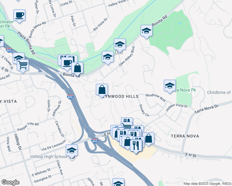 map of restaurants, bars, coffee shops, grocery stores, and more near 3253 Holly Way in Chula Vista