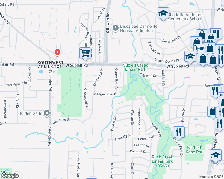 map of restaurants, bars, coffee shops, grocery stores, and more near 2405 Green Willow Court in Arlington