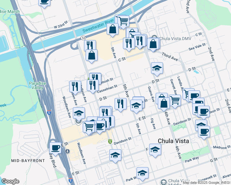 map of restaurants, bars, coffee shops, grocery stores, and more near 535 D Street in Chula Vista