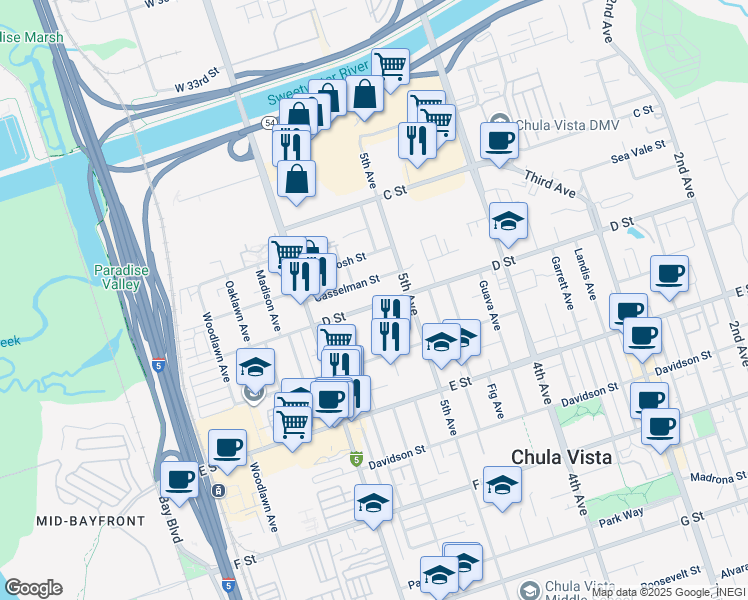 map of restaurants, bars, coffee shops, grocery stores, and more near 535 D Street in Chula Vista
