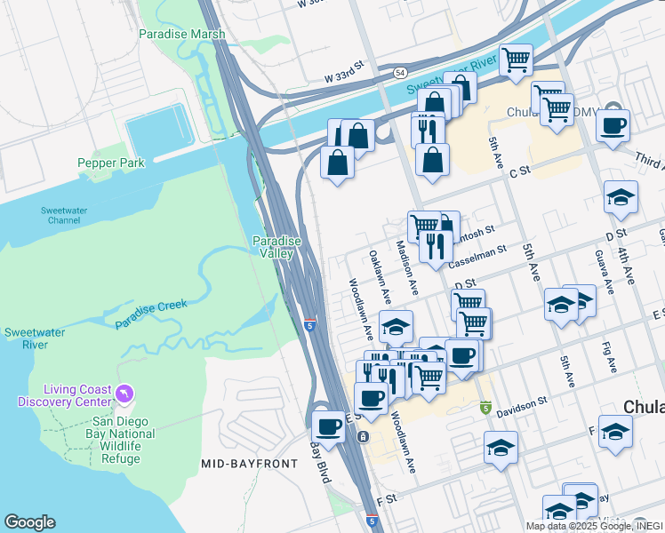 map of restaurants, bars, coffee shops, grocery stores, and more near 24 Woodlawn Avenue in Chula Vista