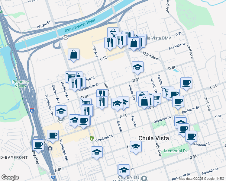 map of restaurants, bars, coffee shops, grocery stores, and more near 112 Elder Avenue in Chula Vista
