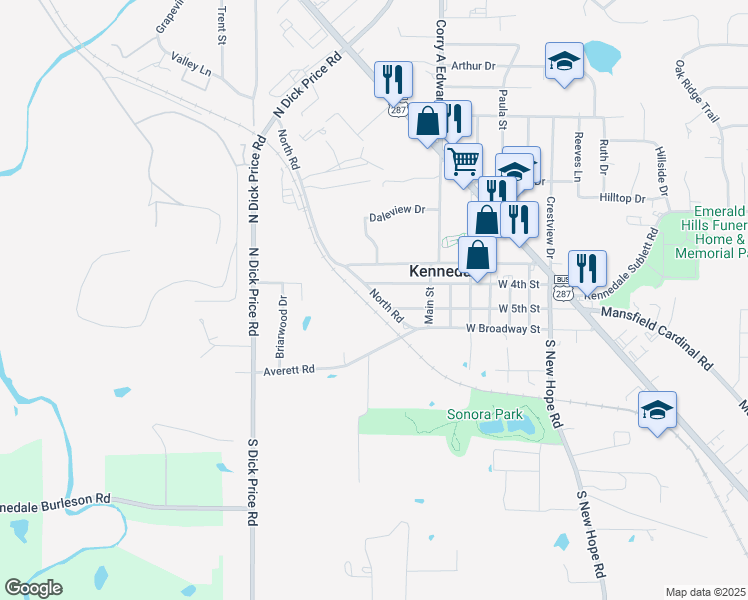 map of restaurants, bars, coffee shops, grocery stores, and more near 309 North Road in Kennedale