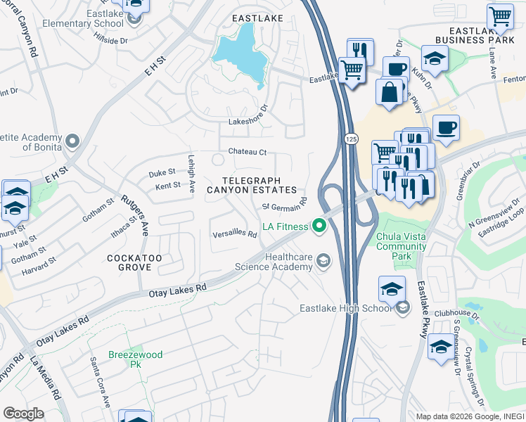 map of restaurants, bars, coffee shops, grocery stores, and more near 984 Saint Germain Road in Chula Vista