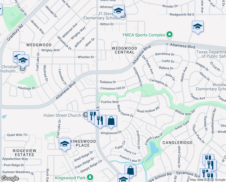 map of restaurants, bars, coffee shops, grocery stores, and more near 4609 Cinnamon Hill Drive in Fort Worth