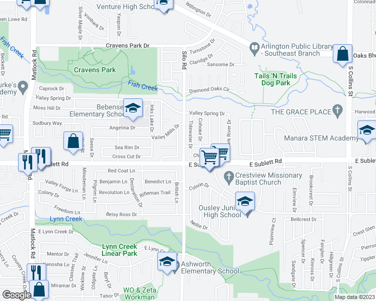 map of restaurants, bars, coffee shops, grocery stores, and more near 6202 Tidewater Drive in Arlington