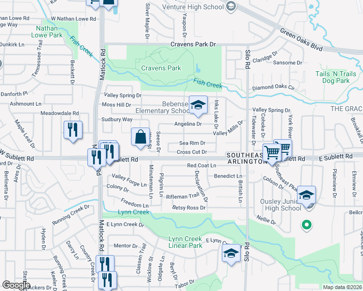 map of restaurants, bars, coffee shops, grocery stores, and more near 416 Sea Rim Drive in Arlington