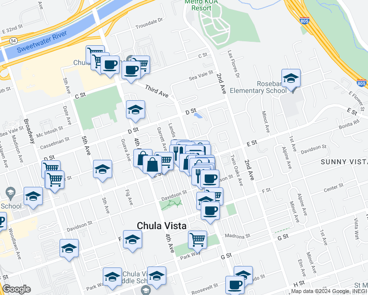 map of restaurants, bars, coffee shops, grocery stores, and more near 166 3rd Avenue in Chula Vista