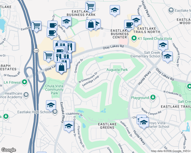 map of restaurants, bars, coffee shops, grocery stores, and more near 2366 Forest Oaks Drive in Chula Vista